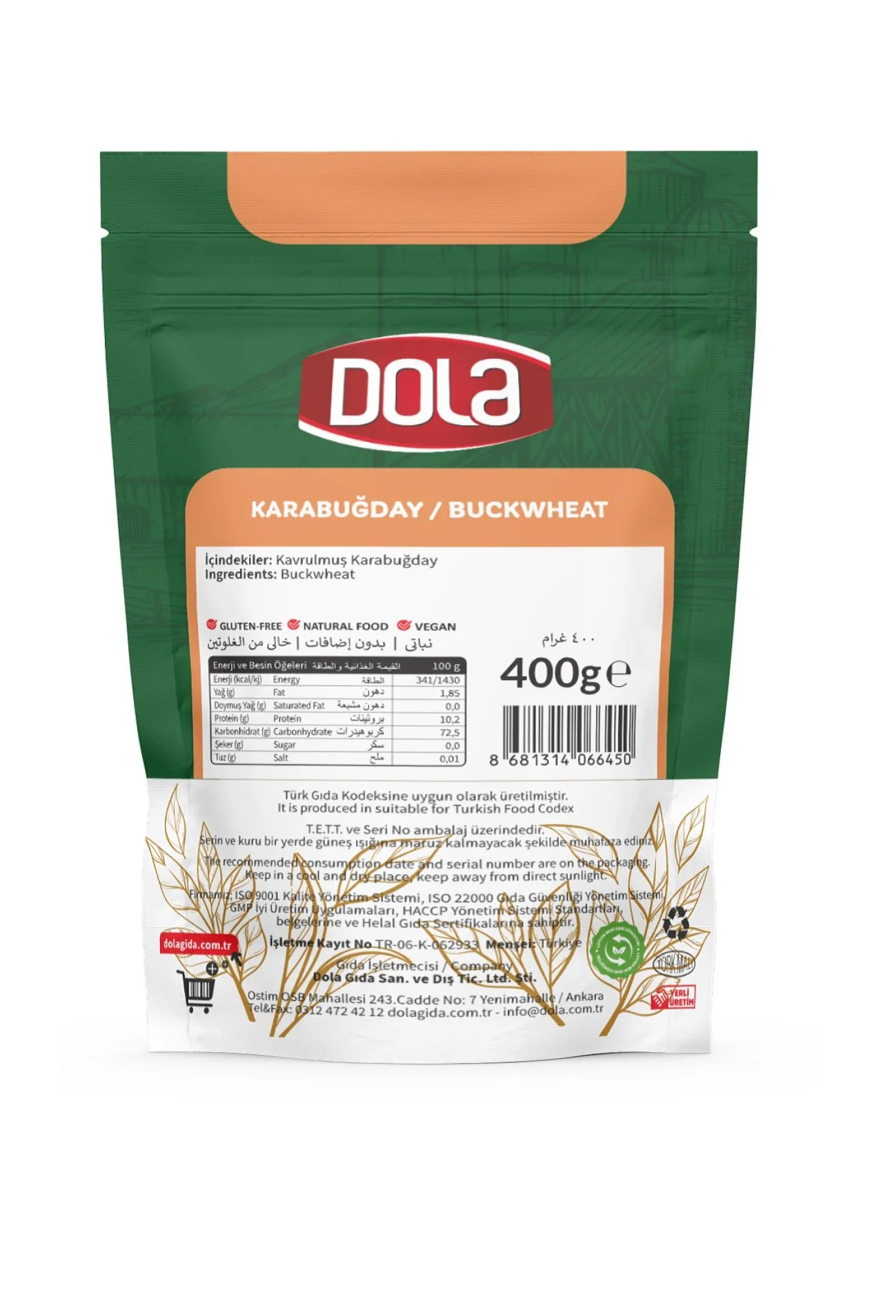 Dola Glutensiz Karabuğday Tane 400 g 2 Adet Kavrulmuş Greçka