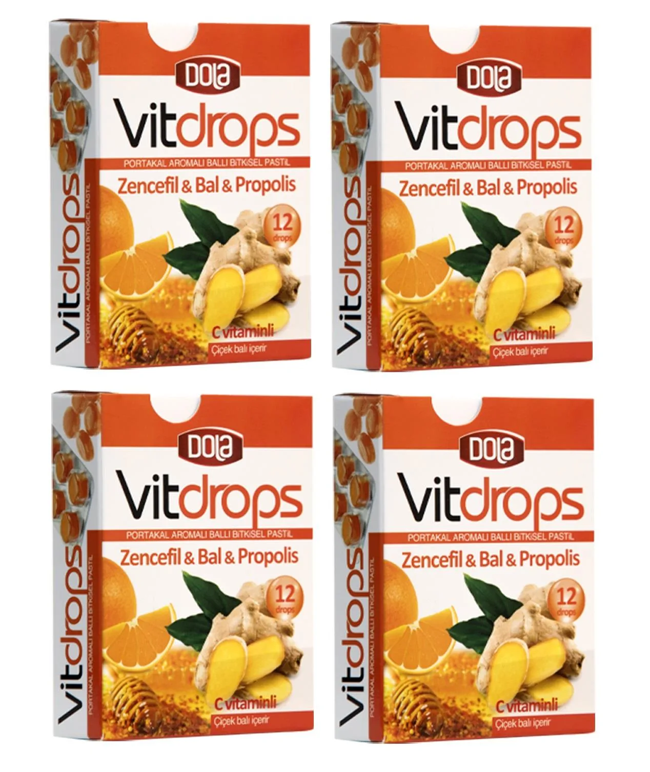 Dola Vitdrops Portakal Aromalı Ballı Boğaz Pastili Zencefil Bal Propolis 12 Drops 4 Adet