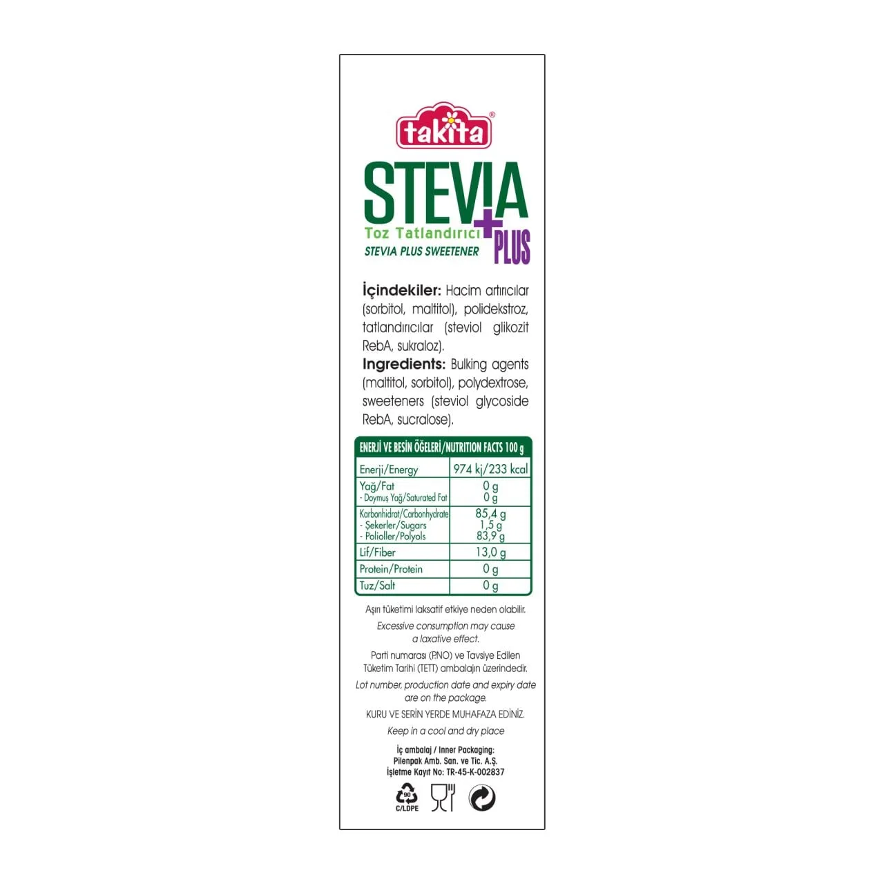 STEVİA PLUS TOZ TATLANDIRICI 250 GR